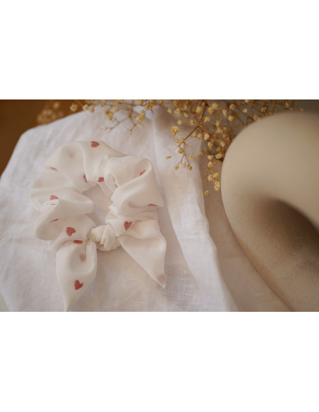 Chouchou Noeud Oscar Coton Blanc Brodé Coeurs Roses