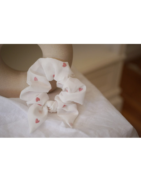 Chouchou Noeud Oscar Coton Blanc Brodé Coeurs Roses