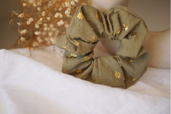 scrunchie Sacha Coton Plumetis Vert et Or