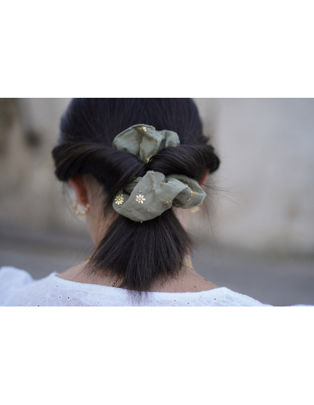 scrunchie Sacha Coton Plumetis Vert et Or