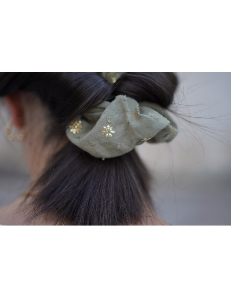 scrunchie Sacha Coton Plumetis Vert et Or