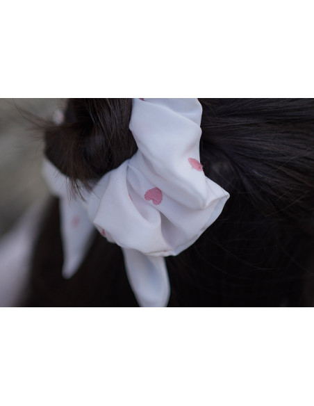 Chouchou Noeud Oscar Coton Blanc Brodé Coeurs Roses