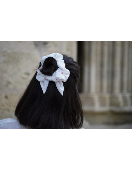 Chouchou Noeud Oscar Coton Blanc Brodé Coeurs Roses