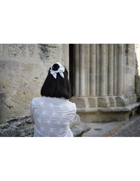 Chouchou Noeud Oscar Coton Blanc Brodé Coeurs Roses