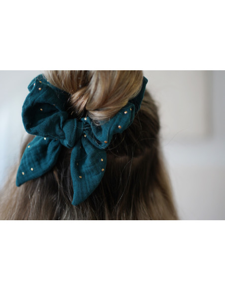 scrunchie bow Dark Green Ivy with Gold Polka Dots