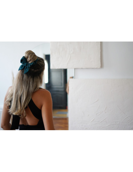 scrunchie bow Dark Green Ivy with Gold Polka Dots