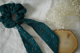 scrunchie Dark Green Lina Ribbon with Gold Polka Dots