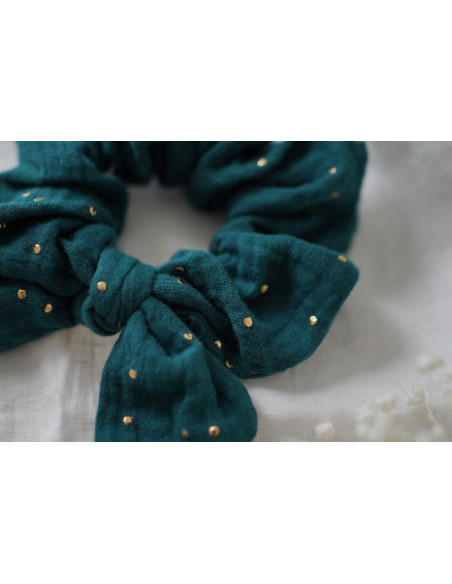 scrunchie bow Dark Green Ivy with Gold Polka Dots
