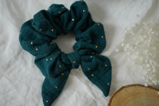 scrunchie bow Dark Green Ivy with Gold Polka Dots