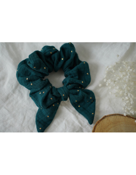 scrunchie bow Dark Green Ivy with Gold Polka Dots