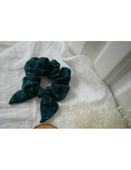 scrunchie bow Dark Green Ivy with Gold Polka Dots