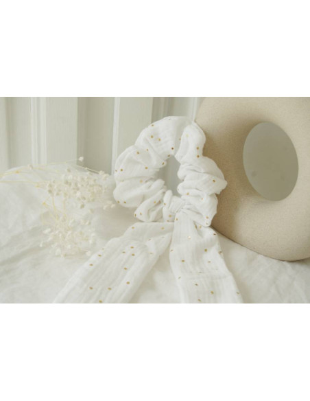 scrunchie Ribbon Lina White with gold polka dots