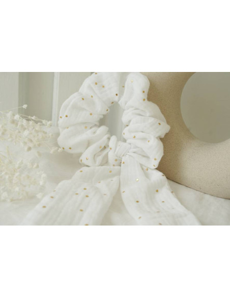 scrunchie Ribbon Lina White with gold polka dots