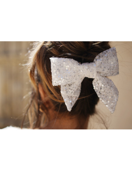 Barrette Noeud Lovely Sequins Blancs