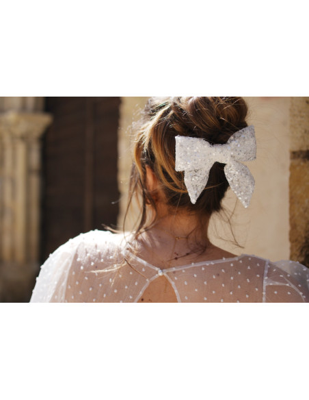 Barrette Noeud Lovely Sequins Blancs
