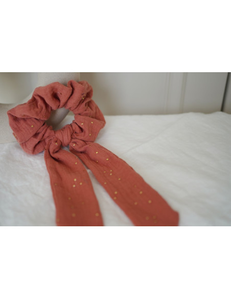 Chouchou Ruban Lina Rose Marsala à pois dorés