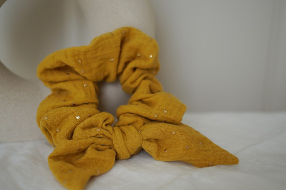 Chouchou Noeud Ivy Jaune Moutarde à Pois Dorés