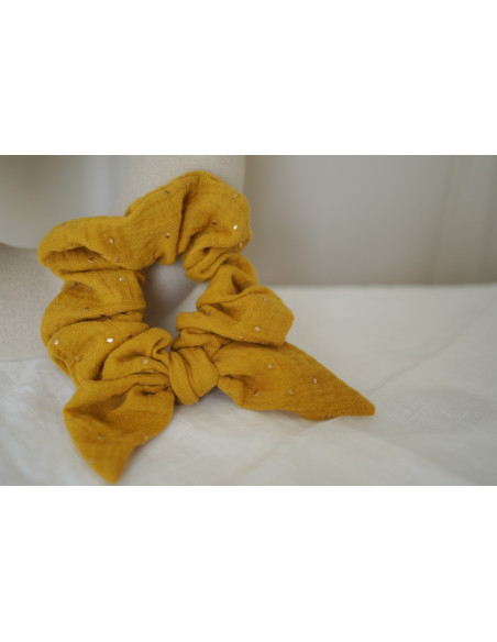 Chouchou Noeud Ivy Jaune Moutarde à Pois Dorés