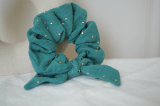 scrunchie bow Ivy Green Blue with Gold Polka Dots