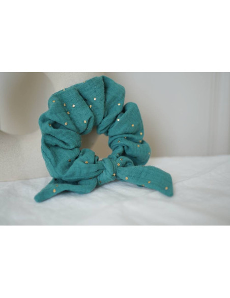 scrunchie bow Ivy Green Blue with Gold Polka Dots