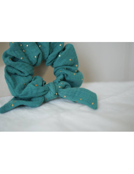 scrunchie bow Ivy Green Blue with Gold Polka Dots