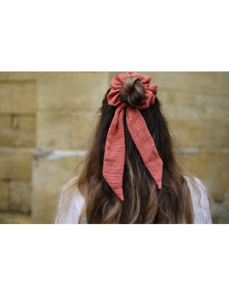 Chouchou Ruban Lina Rose Marsala à pois dorés