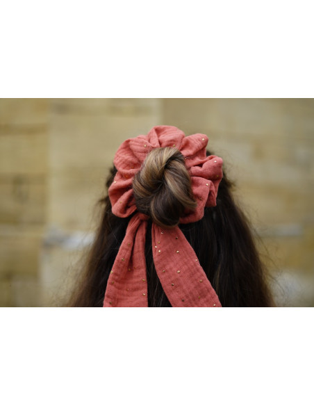 Chouchou Ruban Lina Rose Marsala à pois dorés