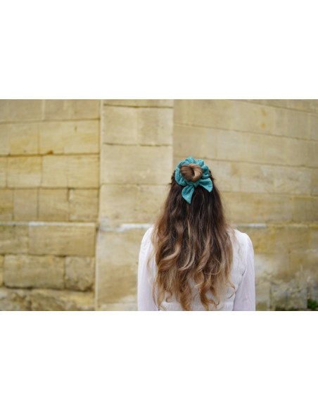 scrunchie bow Ivy Green Blue with Gold Polka Dots