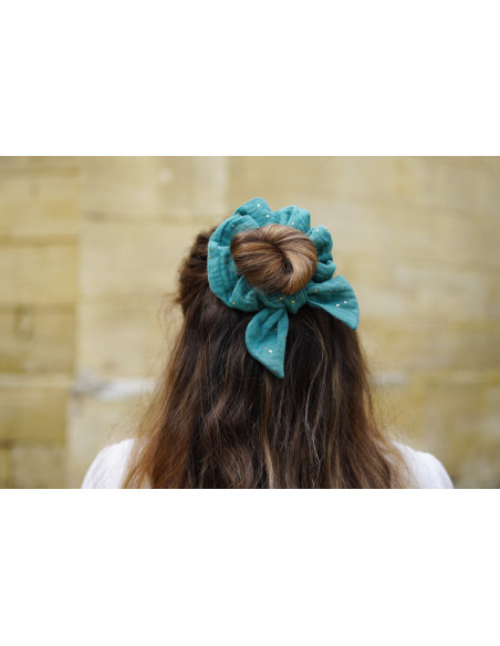 scrunchie bow Ivy Green Blue with Gold Polka Dots