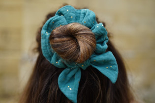 scrunchie bow Ivy Green Blue with Gold Polka Dots 2