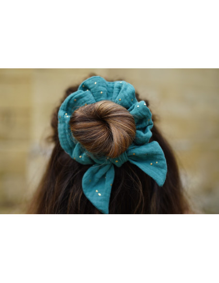 scrunchie bow Ivy Green Blue with Gold Polka Dots