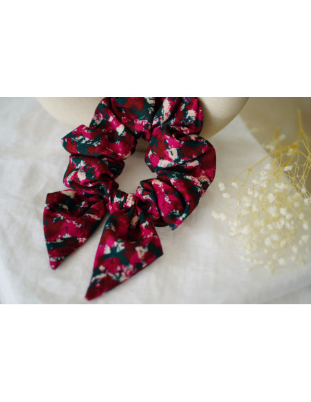 Chouchou Nœud Léonie imprimé prune et vert foncé | Accessoire chic