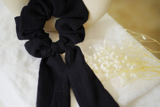 scrunchie Cléa Double Cotton Gauze Ribbon Plain Black