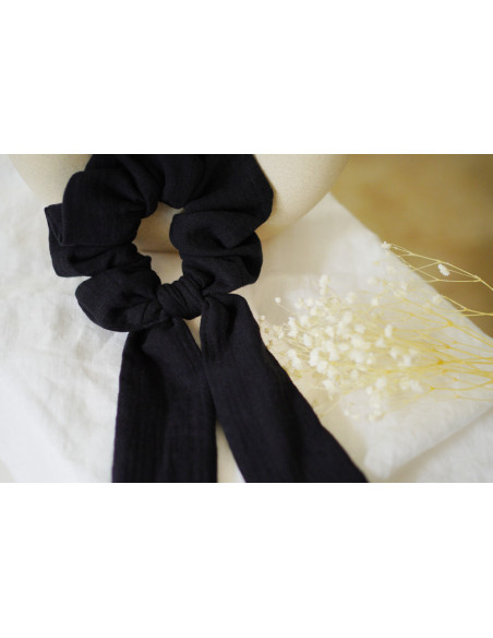 scrunchie Cléa Double Cotton Gauze Ribbon Plain Black