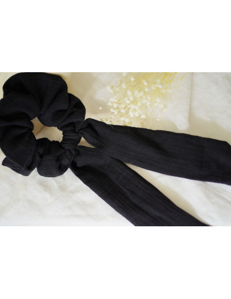 scrunchie Cléa Double Cotton Gauze Ribbon Plain Black