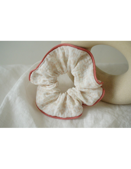 Chouchou nœud cheveux femme fleuri ivoire rose - Alméa - Bohomane