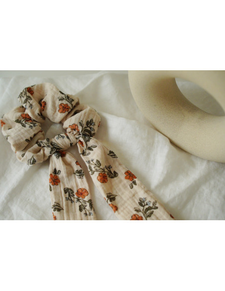 Chouchou cheveux femme ruban fleuri ivoire pêche - Céliane - Bohomane