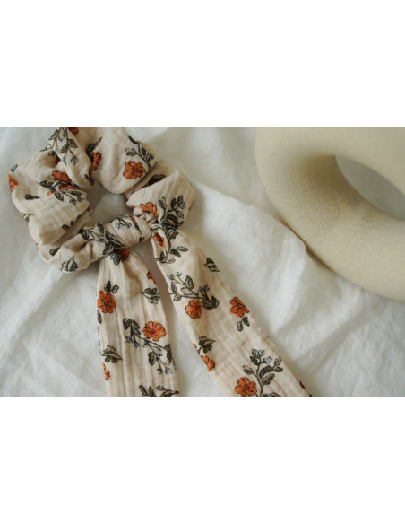 Chouchou cheveux femme ruban fleuri ivoire pêche - Céliane - Bohomane