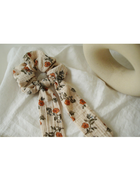 Chouchou cheveux femme ruban fleuri ivoire pêche - Céliane - Bohomane