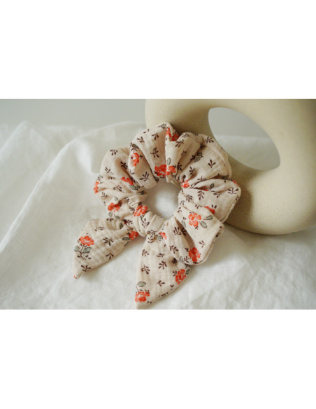 Chouchou cheveux femme nœud fleuri beige rose corail - Maëlys - Bohomane