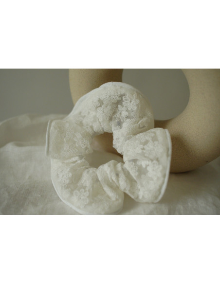 Chouchou cheveux femme tulle brodé fleurettes blanc - Léonore - Bohomane
