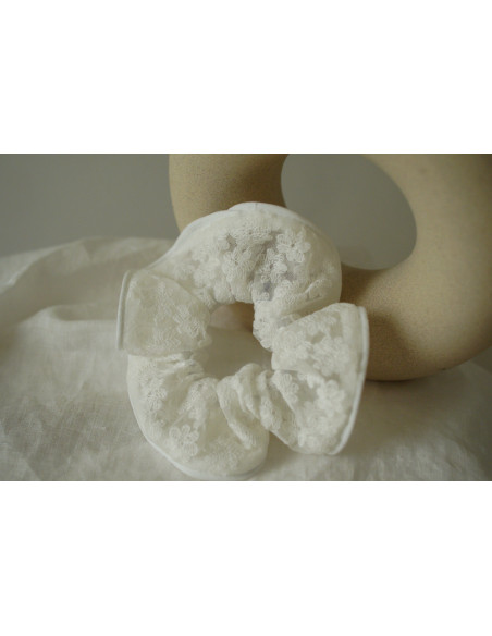 Chouchou cheveux femme tulle brodé fleurettes blanc - Léonore - Bohomane