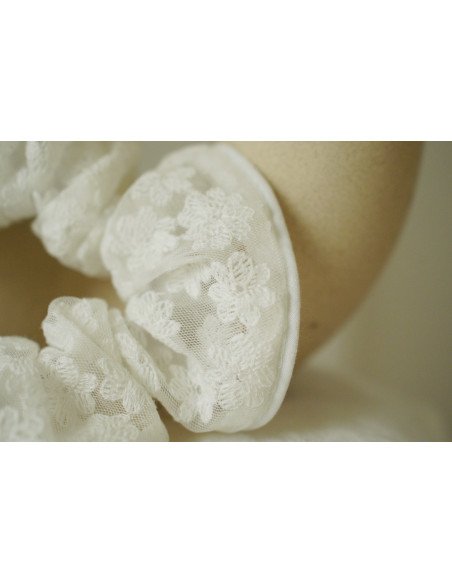 Chouchou cheveux femme tulle brodé fleurettes blanc - Léonore - Bohomane