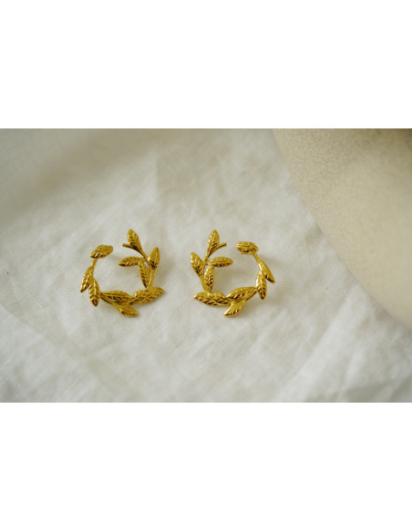 Boucles d’oreilles femme créoles feuillage doré - Léandra - Bohomane