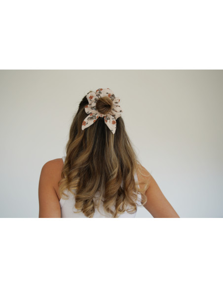 Chouchou cheveux femme nœud fleuri ivoire pêche - Céliane - Bohomane