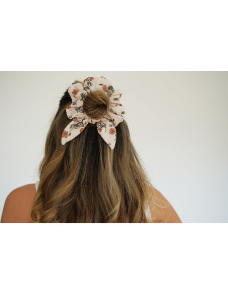 Chouchou cheveux femme nœud fleuri ivoire pêche - Céliane - Bohomane
