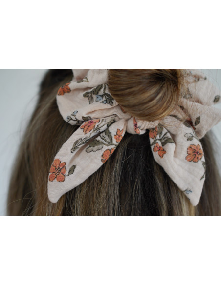 Chouchou cheveux femme nœud fleuri ivoire pêche - Céliane - Bohomane