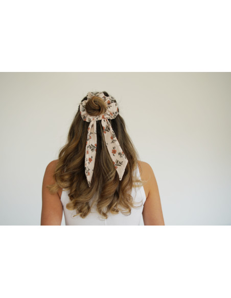 Chouchou cheveux femme ruban fleuri ivoire pêche - Céliane - Bohomane
