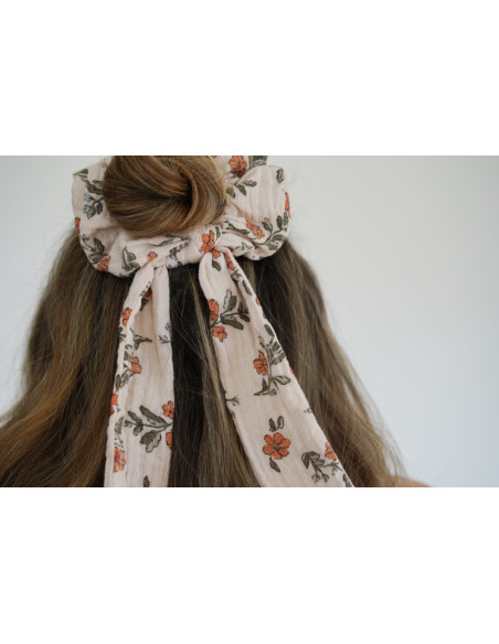 Chouchou cheveux femme ruban fleuri ivoire pêche - Céliane - Bohomane