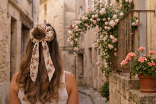 Chouchou cheveux femme ruban fleuri ivoire pêche - Céliane - Bohomane 2
